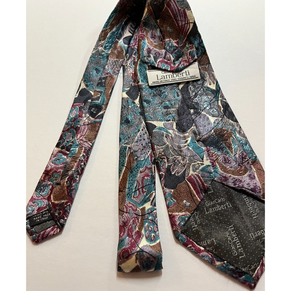 Gian Carlo Lamberti Men's Accessory Tie Necktie Silk Teal Blue Burgundy Abstract - Picture 3 of 3